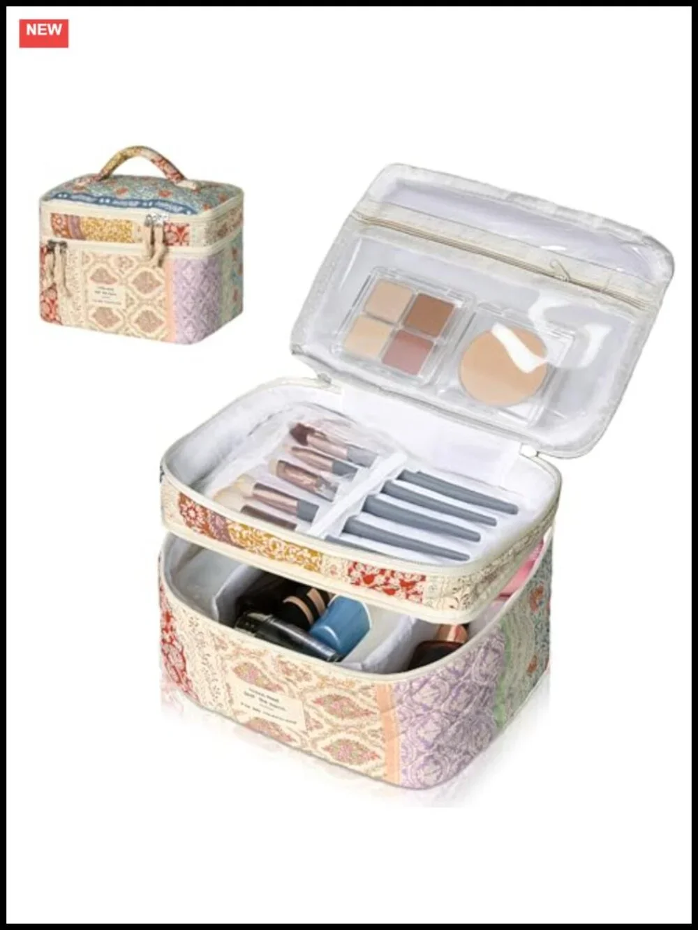 Quilted Cotton Cosmetic Bag Large Capacity Travel Makeup Organizer with Zipper